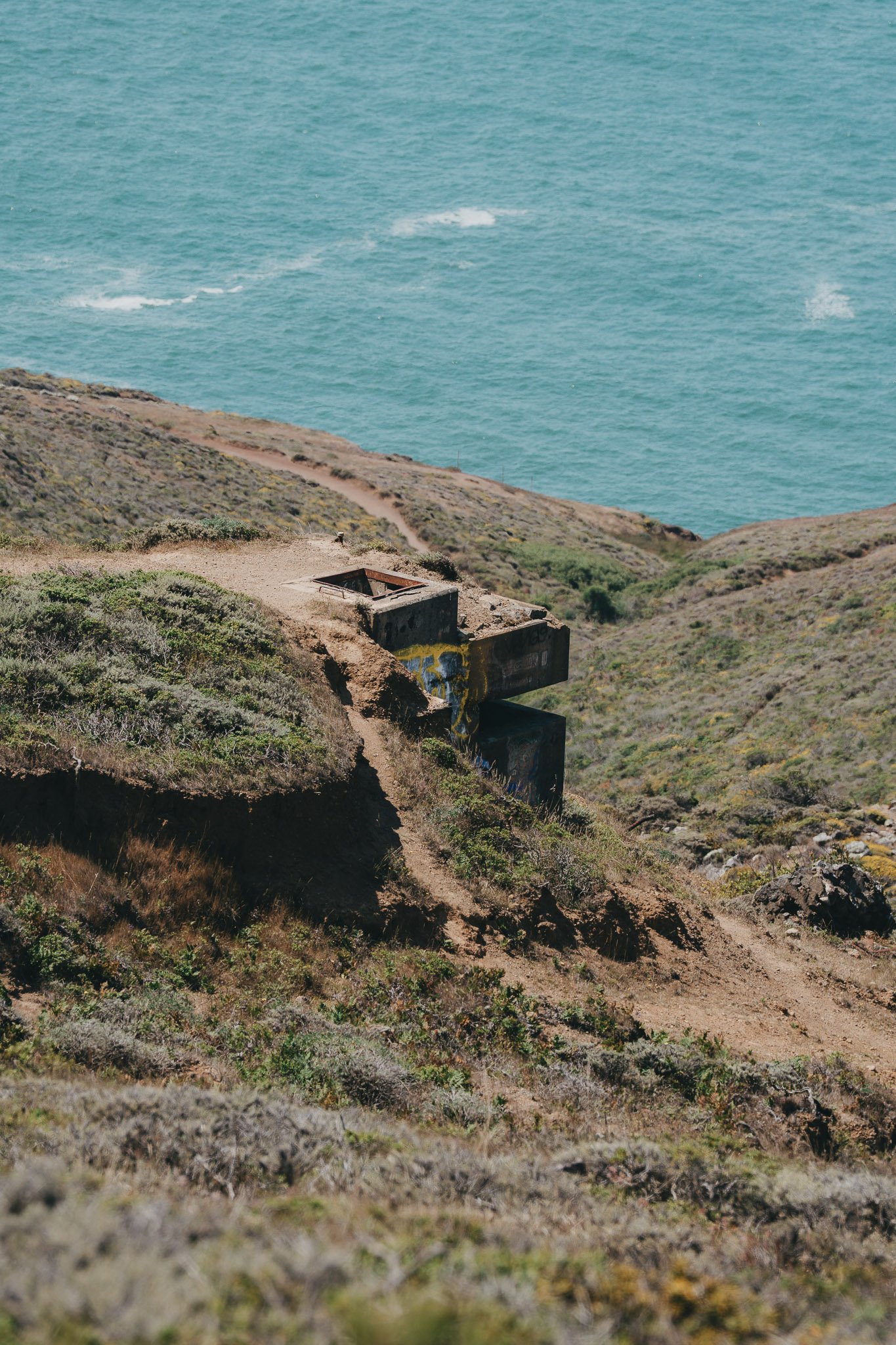Historic coastal bunker overlooking the ocean, guarding the shoreline with panoramic sea views